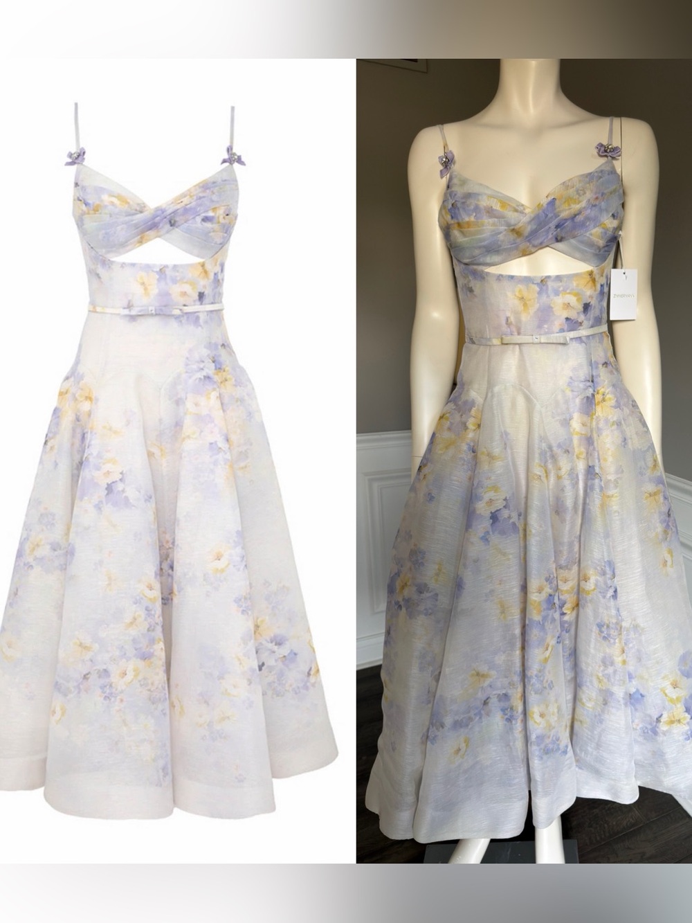 ZIMMERMANN Twist Crush Belted Embellished Midi Dress LILAC FLORAL Sz 0 NWT $1850